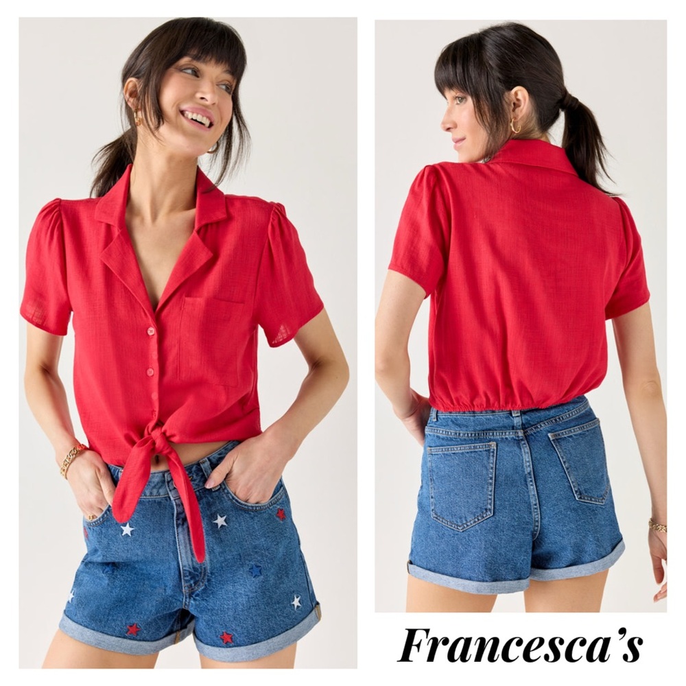New Francesca’s Red Tie Front Button Down Cropped Top  Blouse - Picture 2 of 6